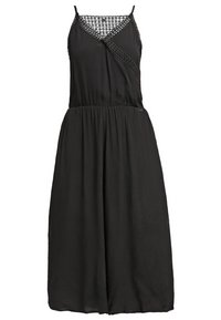 Robe noire sans manches avec des détails en maille sur le décolleté et une bande diagonale en maille sur le corsage, avec une taille froncée et une jupe ample.