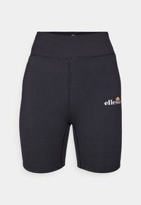 Crne visokotajne atletske kratke hlače s glatkom površinom, s elastičnom trakom za struk i malim šarenim "ellesse" logotipom na butu.