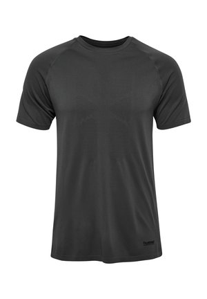 Korte mouwen sport t-shirt van effen donkergrijze stof, met een ronde hals en een zachte textuur met subtiele stikdetails.