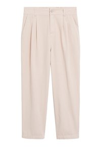 Beżowe spodnie z wysokim stanem, zwężane, z zakładkami, bocznymi kieszeniami, szlufkami na pasek oraz z zamknięciem na guzik i zamek błyskawiczny z przodu.