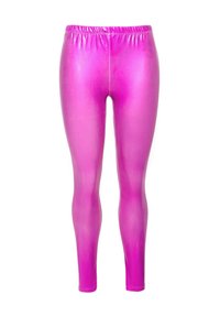 Leggings rosas brillantes hechos de un material suave y elástico. Presentan una cintura elástica para mayor comodidad, con un diseño ajustado y acampanado.