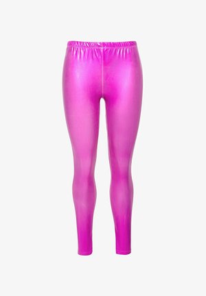Hochglänzende pinkfarbene Leggings aus einem glatten, elastischen Material. Sie verfügen über einen elastischen Bund für Komfort und haben ein eng anliegendes, tailliertes Design.