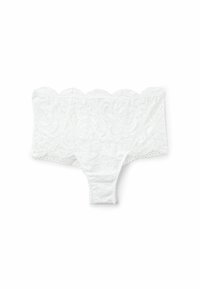 Weißes Spitzen-Bikini-Unterwäsche mit gewellten Kanten, Blumenmuster und feiner Einfassung. Verfügt über eine weiche, dehnbare Textur für zusätzlichen Komfort.