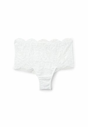 Vitt spetsbikiniunderkläder med scallopade kanter, blommönster och delikat trim. Har en mjuk, elastisk känsla för komfort.