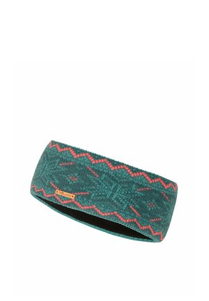 Grün-rotes gestricktes Stirnband mit geometrischen Mustern und einem kleinen braunen Etikett mit der Aufschrift TRILLKIDS.