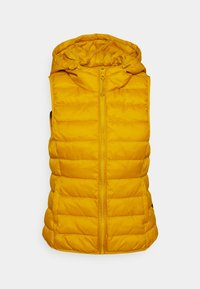 Gilet imbottito giallo con zip frontale e cappuccio, caratterizzato da una trapuntatura orizzontale e una texture liscia. Nessuna tasca visibile o dettagli aggiuntivi.