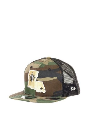 Camouflage cap with a flat brim, mesh back, and embroidered Louisiana state and fleur-de-lis design in white and black.