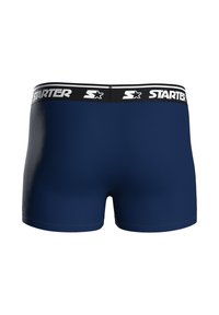 Navy blue athletic shorts made of stretchy material, featuring a black waistband with white "STARTER" branding. Smooth texture, fitted design.