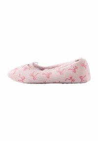 Lichtroze pantoffel met een ribbeltextuur, voorzien van een strikaccent en een zacht, fluffy interieur, versierd met kleine, roze ontwerpen.
