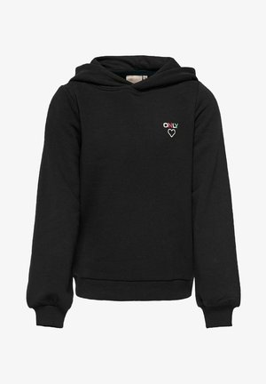 Hoodie noir en matériau doux, doté d'une poche kangourou, de poignets côtelés et d'un ourlet. Un logo "ONLY" brodé avec un détail en forme de cœur sur la poitrine.