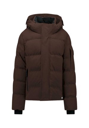 Veste d'hiver matelassée marron avec capuche, fermeture éclair frontale recouverte d'un rabat, poches latérales et poignets côtelés.