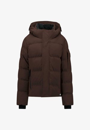 Veste d'hiver matelassée marron avec capuche, fermeture éclair frontale recouverte d'un rabat, poches latérales et poignets côtelés.
