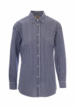 Camicia a maniche lunghe con bottoni, a righe verticali blu navy e bianche, colletto appuntito e polsini a righe, su sfondo bianco.