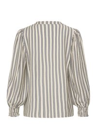 Blouse rayée avec des rayures verticales bleu marine et crème, manches longues froncées et coupe décontractée avec un col rond. Tissu texturé.