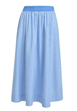 Hellblauer und weiß gestreifter Midirock mit vertikalen Streifen und elastischem Bund mit der Aufschrift "Milano Italy".