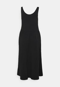 Robe noire sans manches en tissu doux et extensible. Elle présente un décolleté arrondi et une jupe évasée qui tombe sous le genou.