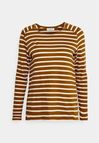 Brown and white striped long-sleeve shirt with a round neckline and a soft texture, featuring evenly spaced horizontal stripes.