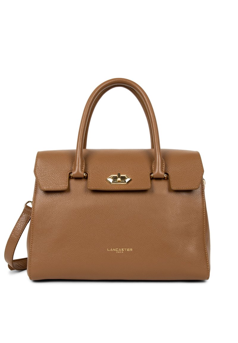 Borsa a tracolla in pelle marrone con un design strutturato, dotata di manico superiore, tracolla removibile e hardware in tono oro. Chiusura a patta distintiva.