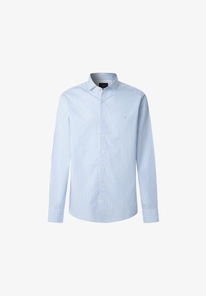 Camisa de manga larga a rayas en azul claro y blanco con cuello abotonado y botones en el frente. Presenta un pequeño logo bordado en el pecho.