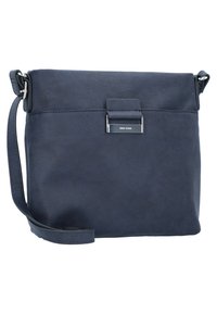 Borsa a tracolla blu navy in tessuto texture con pattina frontale e hardware in tono argento. Presenta una tracolla regolabile e un design minimalista.