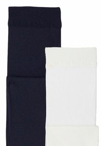 Black and white socks, cotton blend, featuring ribbed cuffs. The black pair is on the left, the white pair on the right, smooth texture.