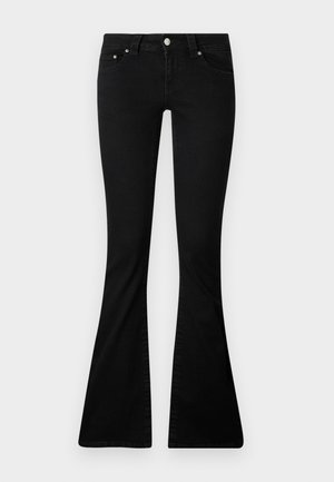 Jean noir évasé en denim, avec une fermeture à bouton à l'avant, deux poches avant et un design ajusté qui s'évasent en dessous du genou.