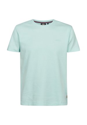 Hell-türkisfarbenes T-Shirt mit kurzen Ärmeln aus strukturiertem Stoff. Verfügt über einen runden Ausschnitt und ein kleines Logodetail auf der Brust.