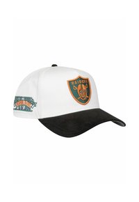 White baseball cap with black brim, featuring an orange "Raiders" logo on the front and a green "Super Bowl" patch on the side.