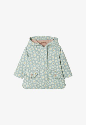 Children's light blue hooded jacket with white and yellow daisy print and front flap pockets with button details.