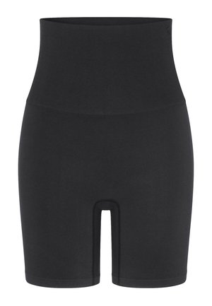 Pantaloncini neri senza cuciture a vita alta con compressione, progettati per modellare e sostenere, estesi fino a metà coscia.