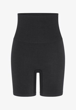 Shorts de compression noirs taille haute sans coutures, conçus pour modeler et soutenir, s'étendant jusqu'à mi-cuisse.