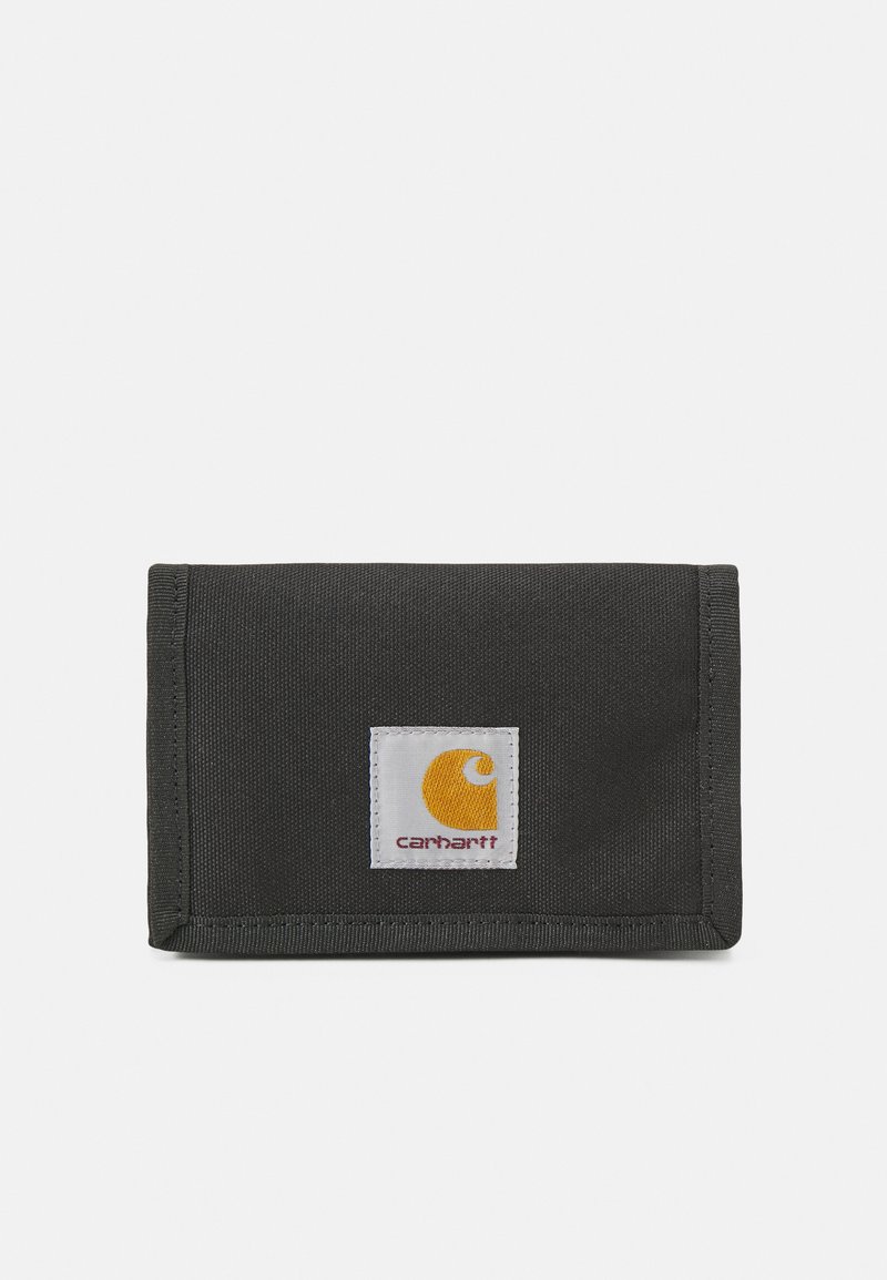 Black fabric wallet with a rectangular shape, featuring a prominent yellow and white logo patch on the front. Textured material.