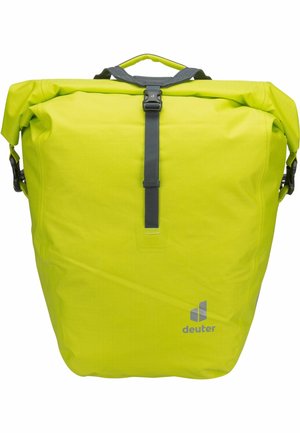 Wasserdichter, leuchtend limettengrüner Rucksack mit Rollverschluss, grauen Riemen und einem Logo in der unteren Ecke. Glatte, strapazierfähige Stofftextur.