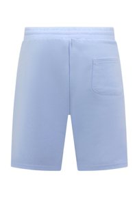 Lichtblauwe sportshorts met een gladde textuur, elastische tailleband en een enkele achterzak. Ontworpen voor casual gebruik en comfort.
