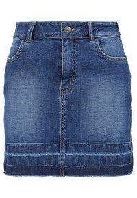 Džínová sukně v tmavě modré barvě s pěti kapsami, zapínáním na knoflík a rovnými cípy. Obsahuje jemně vybledlé detaily na spodní části.