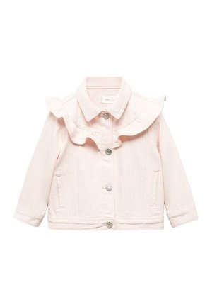 Lichtroze denimjack met een gerafelde kraag, knoopsluiting, twee zijzakken en gedetailleerde stiksels voor textuur en structuur.