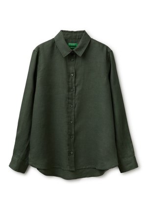 Chemise à manches longues vert foncé avec col et boutons, en tissu texturé, présentée à plat sur fond blanc.