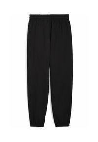 Sorte sweatpants lavet af blødt stof, med elastisk talje og tætsiddende manchetter ved anklerne. Ingen synlige mønstre eller accenter.