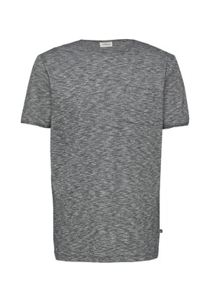 Kurzärmliges, meliertes graues T-Shirt mit Rundhalsausschnitt und kleiner Brusttasche, Vorderansicht auf weißem Hintergrund.