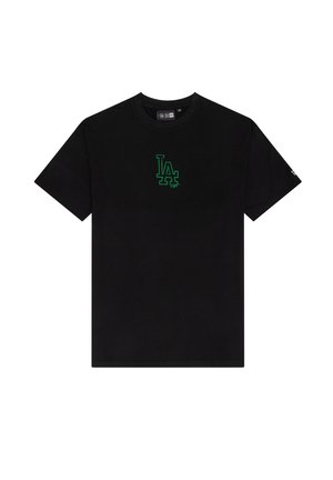 Black cotton t-shirt featuring a small green graphic "LA" logo on the chest. Short sleeves, crew neck, regular fit, and plain texture.