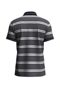 Stripet polo skjorte i marineblå og hvit, kortermet, med et teksturert stoff og en krage. Har horisontale striper og sidespalter.