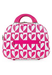 Bolso de mano con forma redondeada, en tonos rosa y blanco con un estampado de corazones, detalles metálicos y un asa superior. Presenta una correa rosa desmontable.