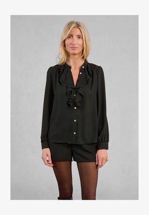 Camicia nera a maniche lunghe con un design frontale arricciato e chiusura con bottoni, realizzata in tessuto morbido con una silhouette aderente.