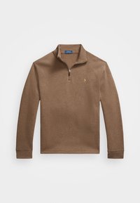 Brauner Langarm-Pullover mit einem Viertel-Reißverschluss am Kragen. Hergestellt aus weichem Material, mit kleinem Logo auf der Brust und gerippten Bündchen.