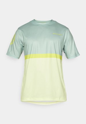 Lightweight short-sleeve athletic shirt in mint green with a yellow horizontal stripe. Breathable textured fabric and crew neck design.