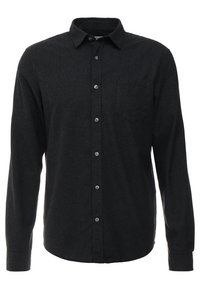 Zwart shirt met lange mouwen van gestructureerde stof, voorzien van een kraag, knopen aan de voorkant en een borstzak aan de linkerkant. Voorzien van standaard knopen.