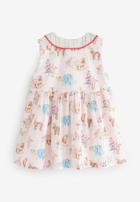 Vestito con stampa floreale in tessuto rosa chiaro, con un colletto ricamato multicolore e una gonna a campana che presenta animali da cartone e bestiame.