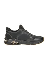 Black athletic shoe with mesh and synthetic materials, lace-up design, padded collar, clear air cushioning, and a rubber outsole.