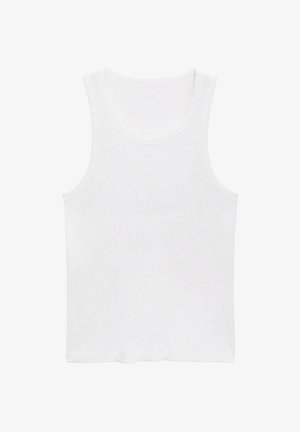 Biały prążkowany top na ramiączkach z okrągłym dekoltem i szerokimi ramiączkami. Charakteryzuje się miękką teksturą i prostym wykończeniem hemu.