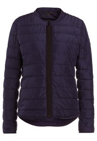Navy puffer jacket with a zipper and round neckline. Features a quilted texture and a slightly elongated back hem.